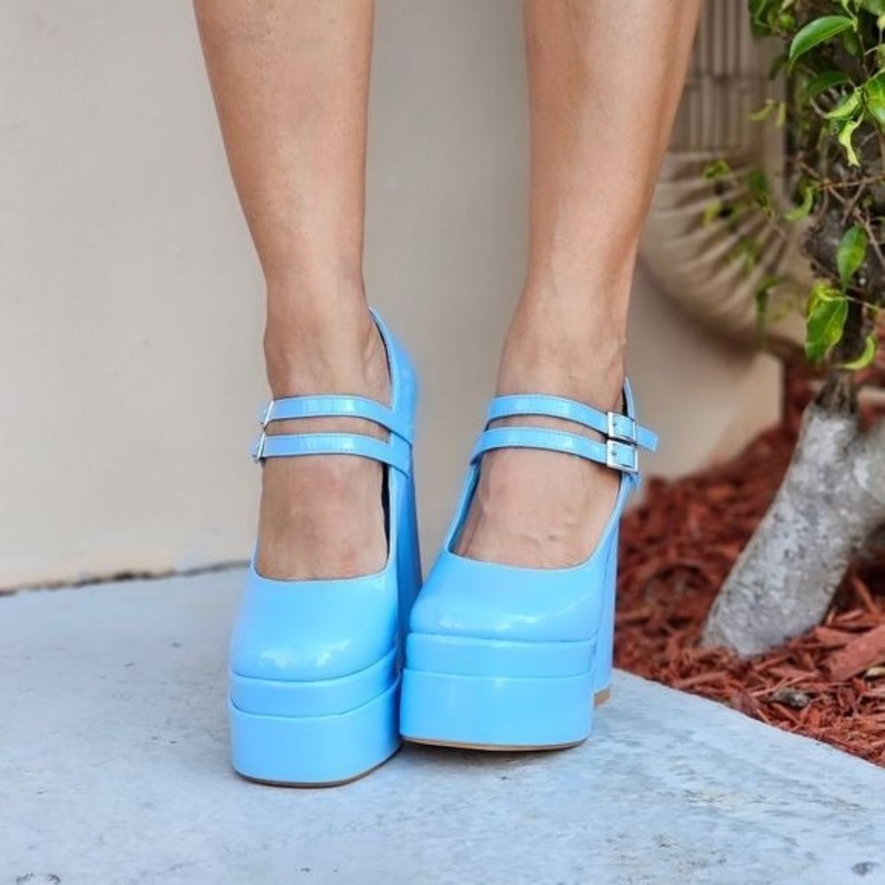 Women's Double Strap Patent Platform Pumps Blue Color - Picture 4 of 6